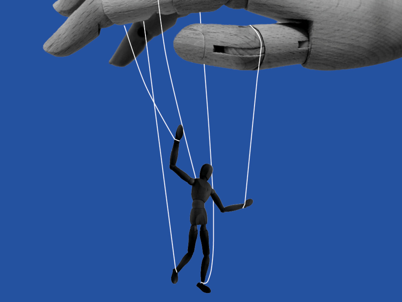 Marionette wird von einer Puppenspielerhand an Seilen geführt.