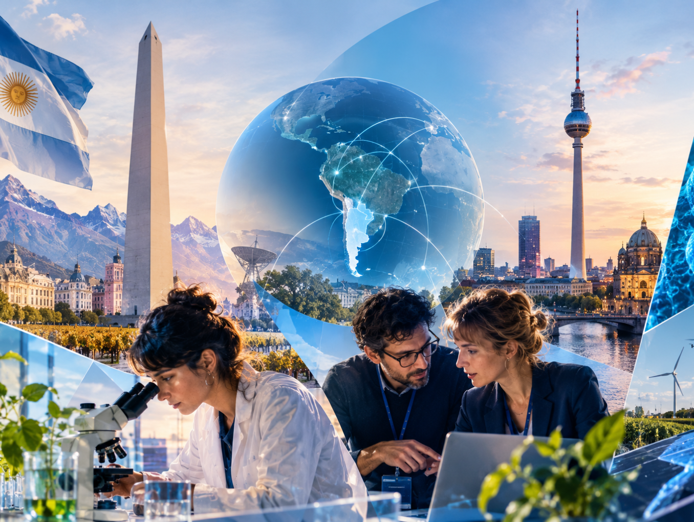 The Argentine flag next to the Obelisk of Buenos Aires and the Berlin TV Tower. People building professional networks and doctors conducting scientific research.
