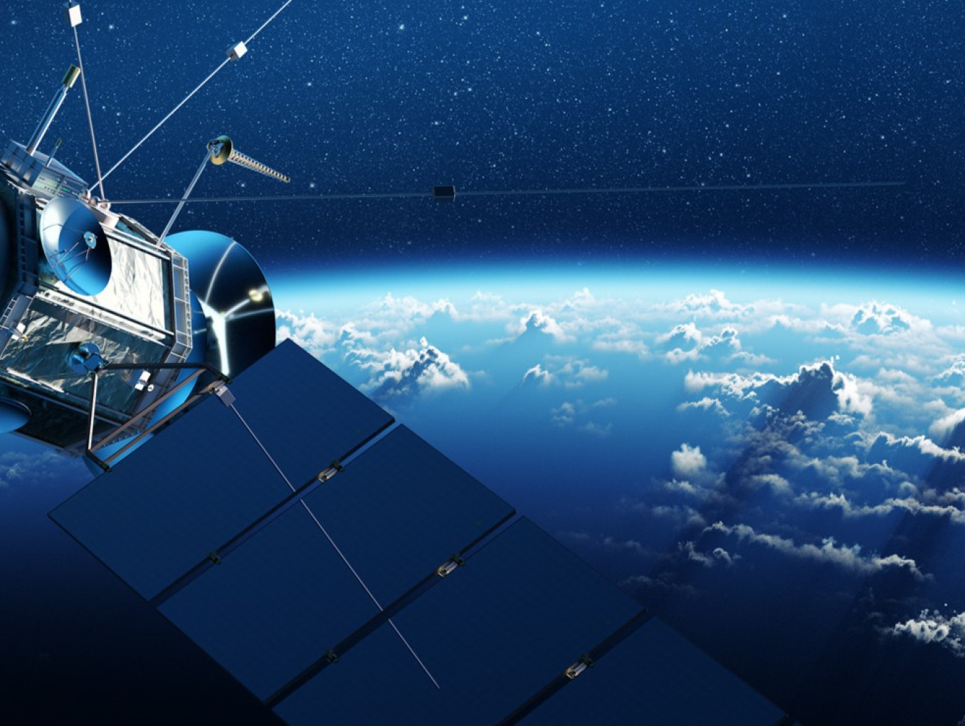 Ein Satellit über der Erde symbolisiert die zunehmende Bedeutung von Raumfahrttechnologien für unsere vernetzte Welt. Der Blick aus dem All steht zugleich für Innovation, neue Perspektiven und grenzüberschreitende Zusammenarbeit – zentrale Themen des deutsch-slowenischen Austauschs über die Zukunft der Space Tech.