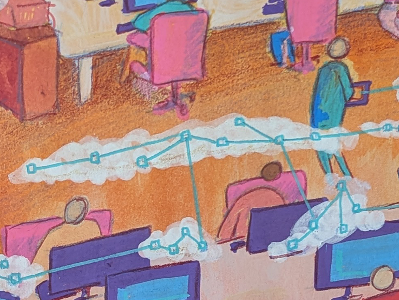 Colourful drawing of office workers at desks with abstract connections between them.