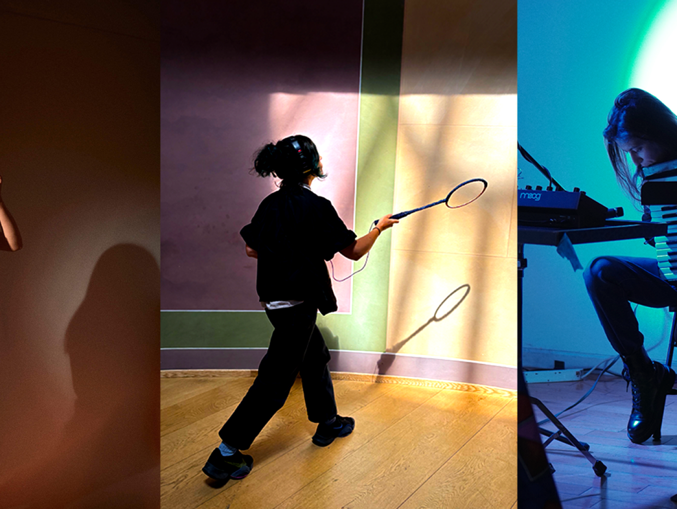 Three photos of artists playing instruments