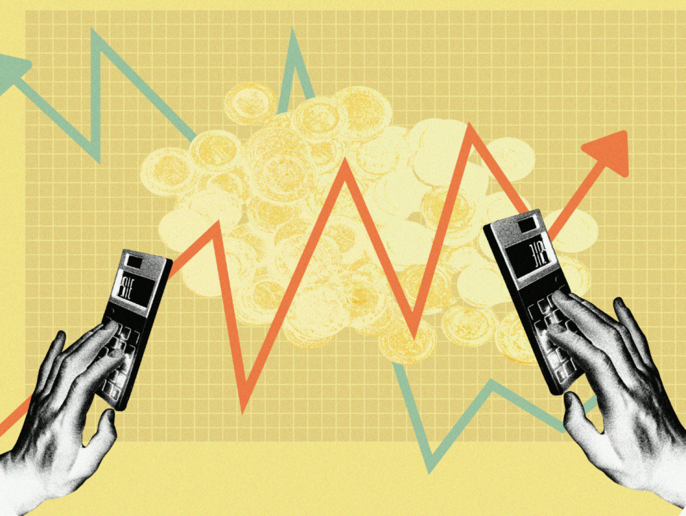 Illustration of two hands holding calculators over a financial graph, with jagged upward and downward trend lines and a pile of coins in the background.