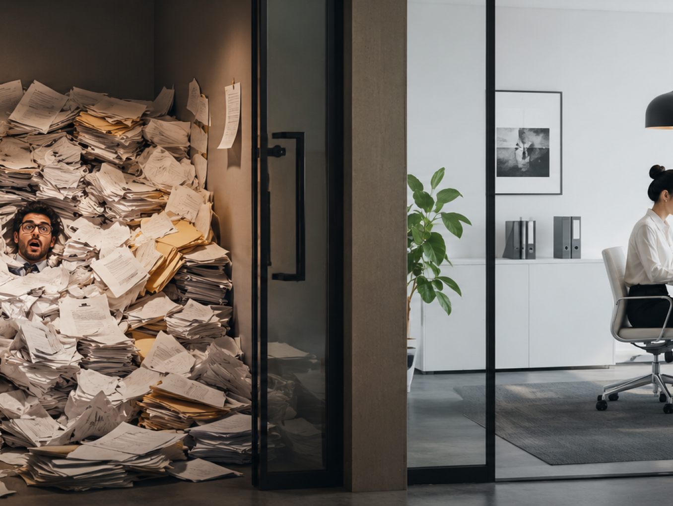 Eventfoto für das Event Process Science Weltmarktführer Deutschland bestehend aus zwei Büroraumen. Einer ist überfüllt mit Formularen auf Grund von ineffizienter Bürokratie. Der andere Raum ist aufgeräumt weil die Bürokratie erfolgreich digitalisiert und modernisiert wurde.