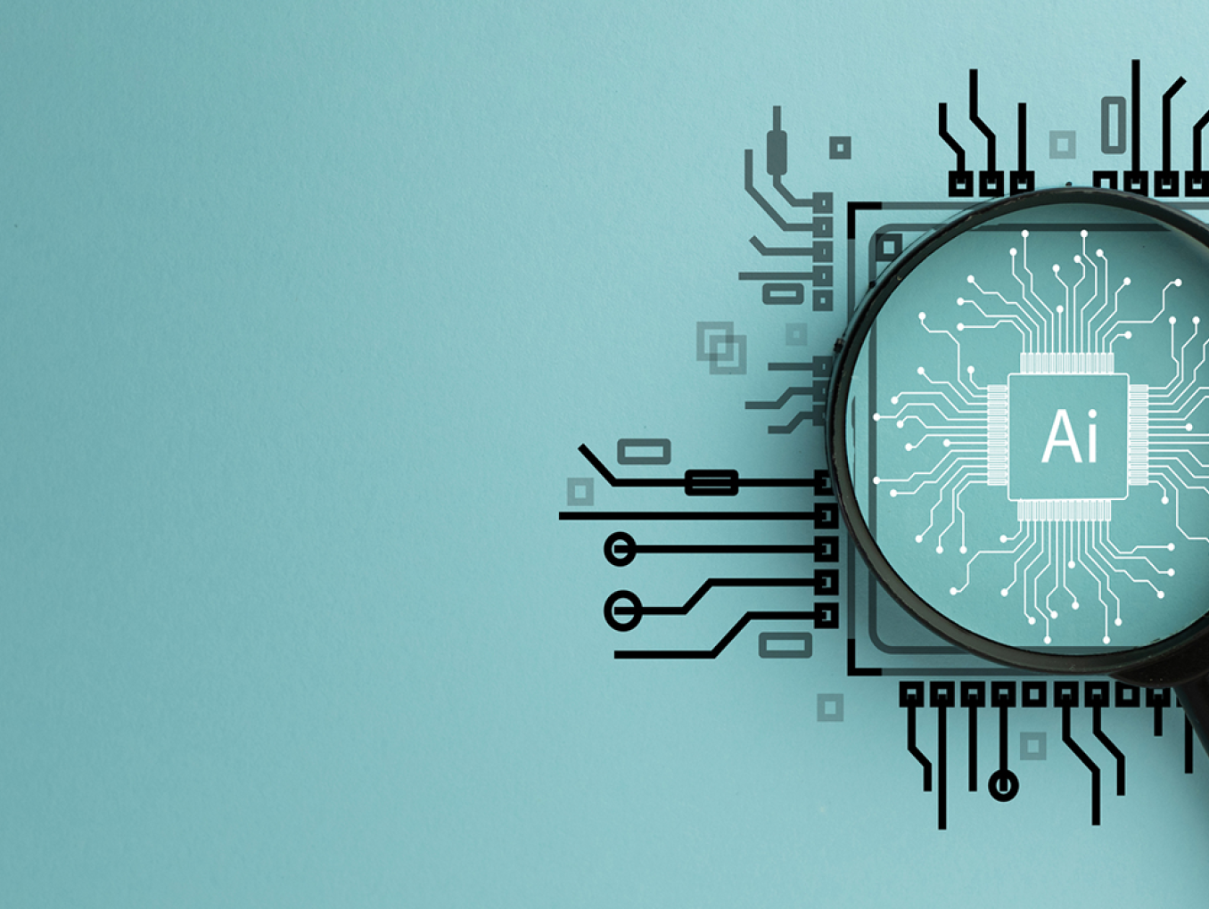 A magnifying glass enlarges the letters "AI" within a network of circuit traces.