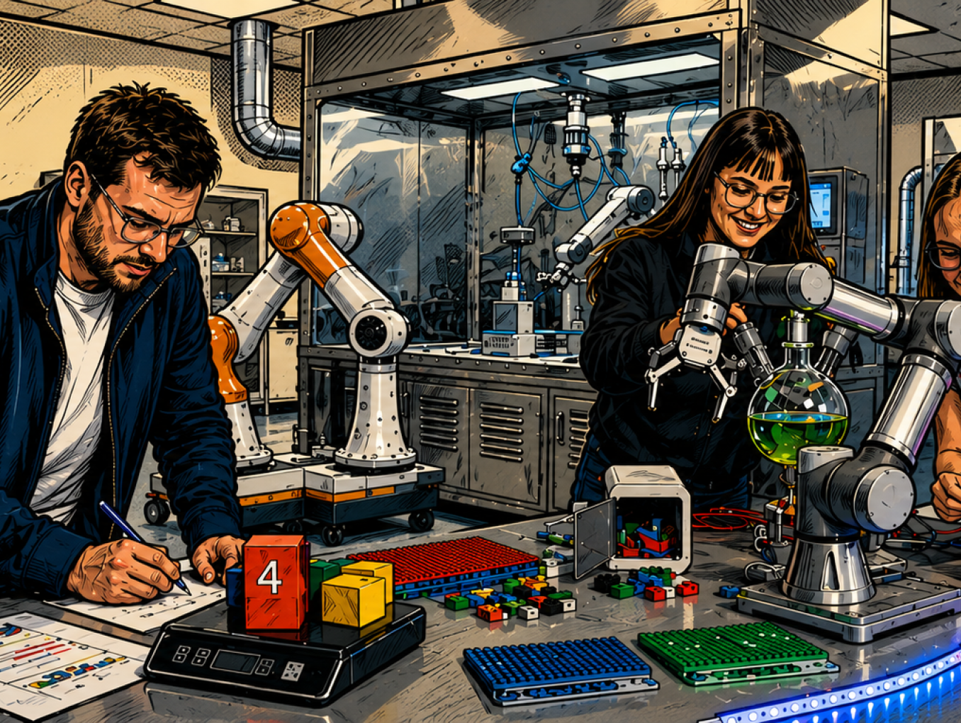 A team of four players playing with the riddles of the escape room. 
