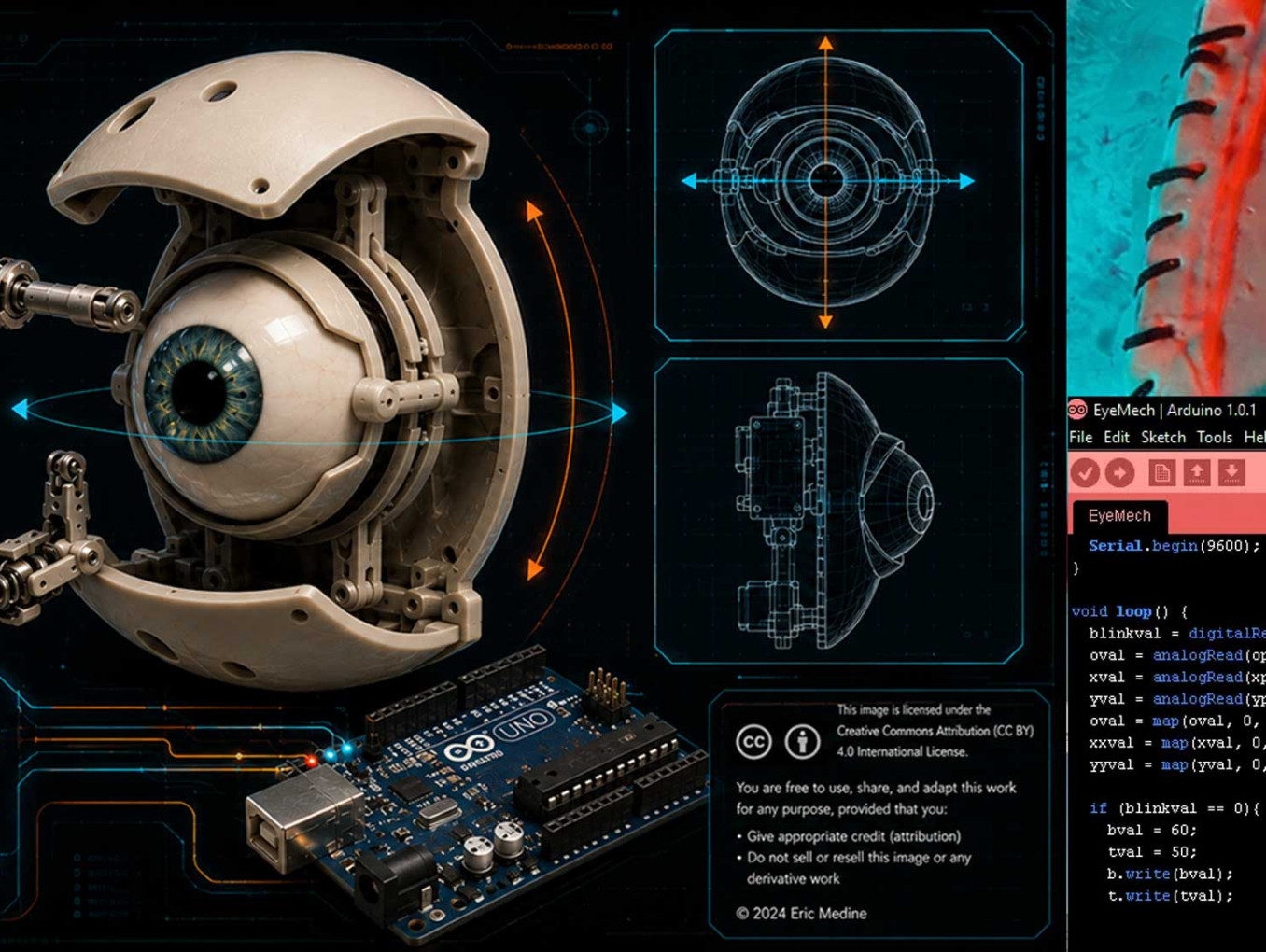 Mecha Robot Eye hero image with schematic, microcontroller code, and final project assembly