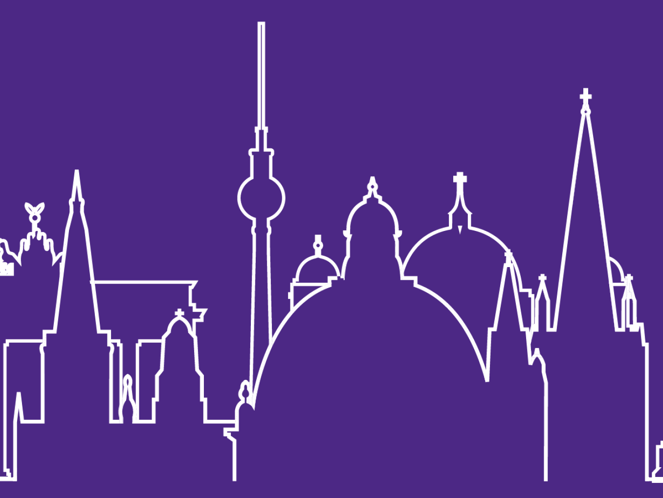 Stylised image merging the skylines and showing landmarks of Oxford and Berlin