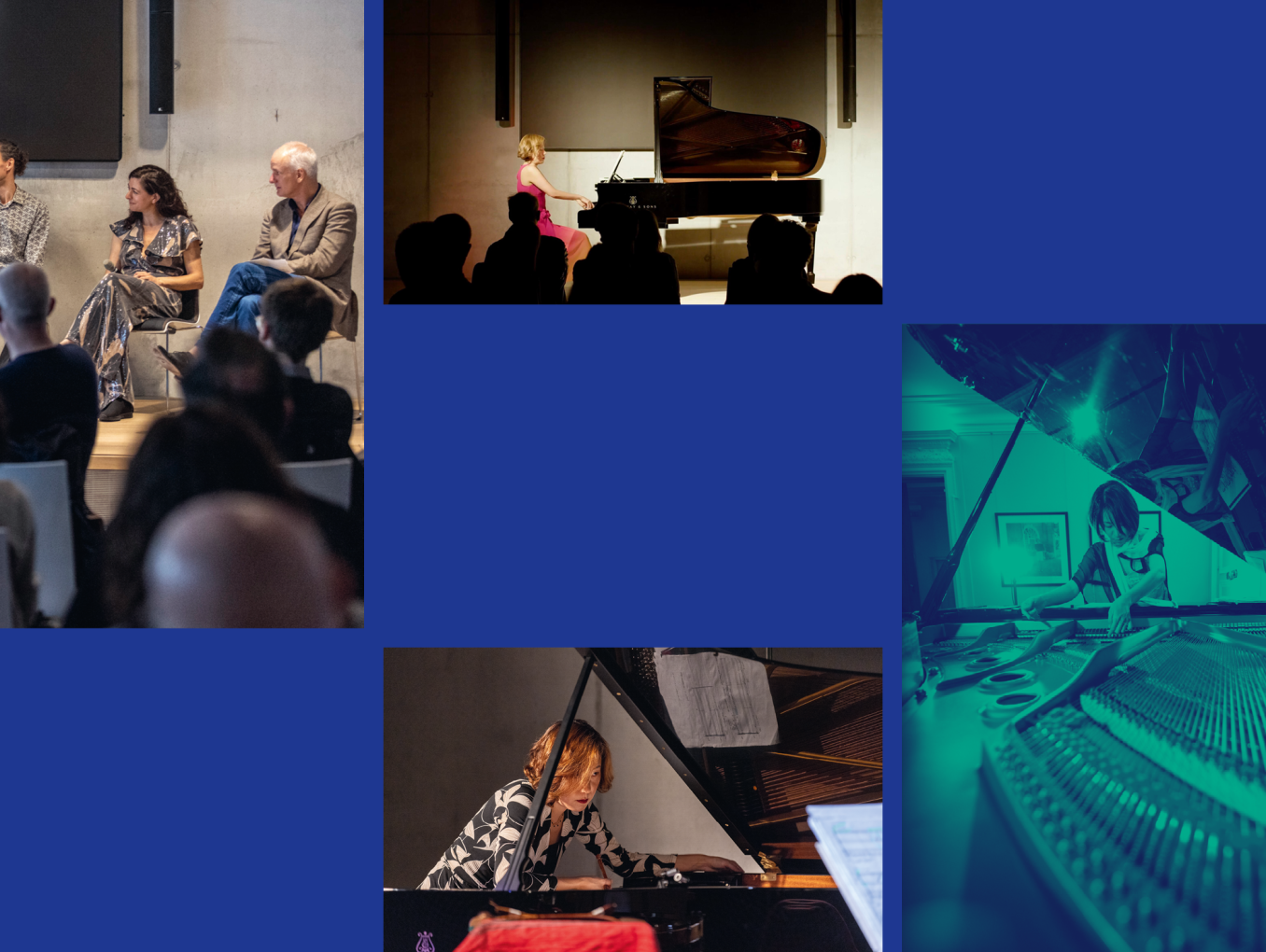 Photos of musicians and panel discussions.