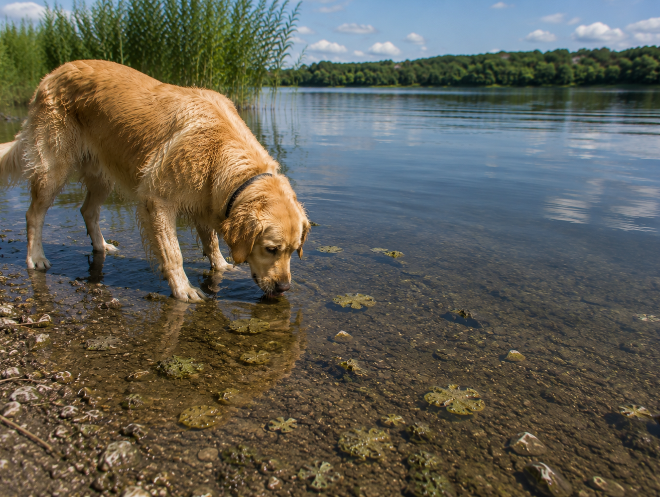 Hund trinkt aus Gewässer