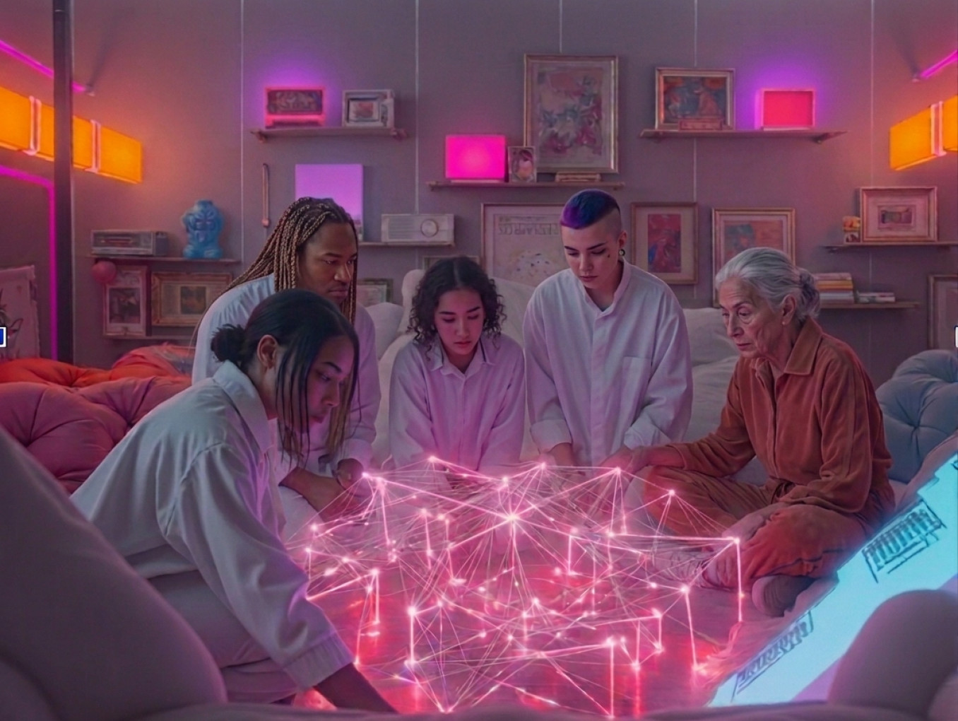 AI generated image of artists sitting around glowing network in neon colours.