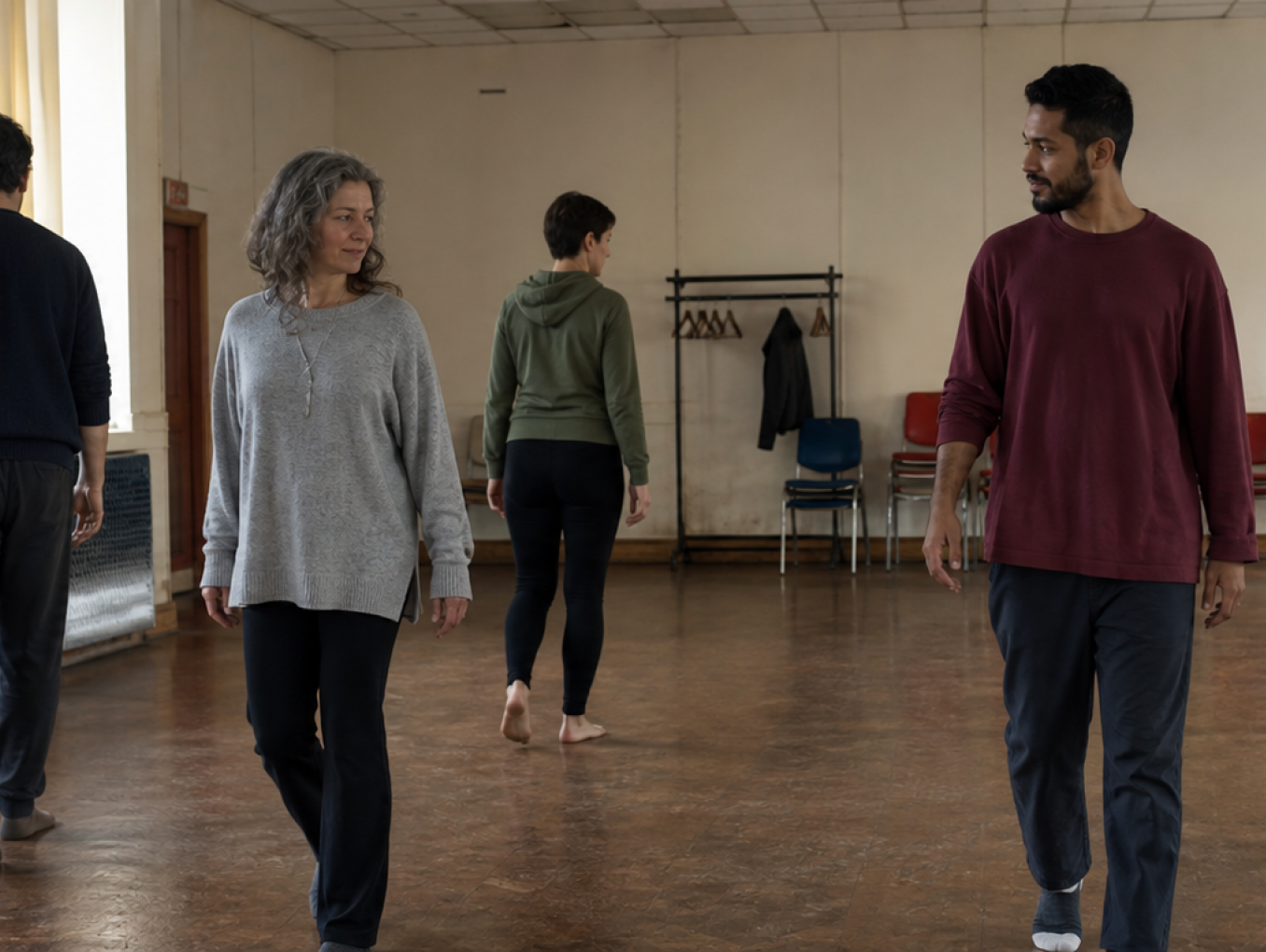 Adults walk slowly through a modest workshop room, practising attentive movement and personal space among simple chairs and pale walls.