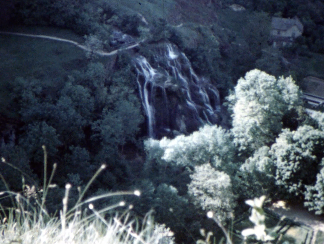 A film still from archival footage showing a forested valley, a waterfall and a house in the distance. 