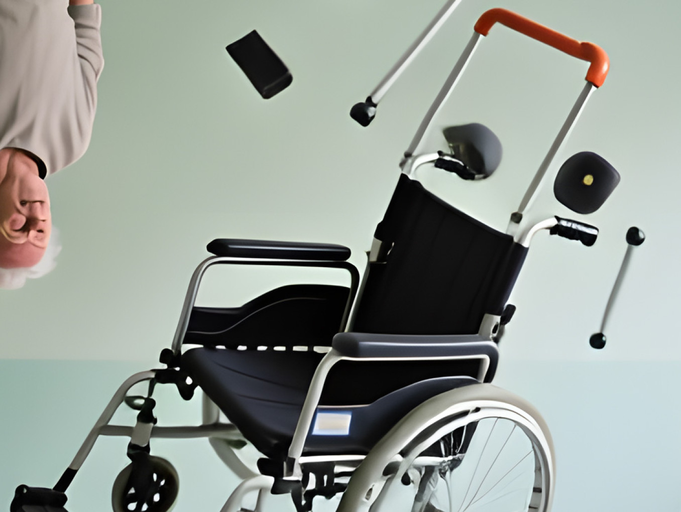 An elderly person, a nurse and a wheelchair free floating in space - Gravity has lost its hold