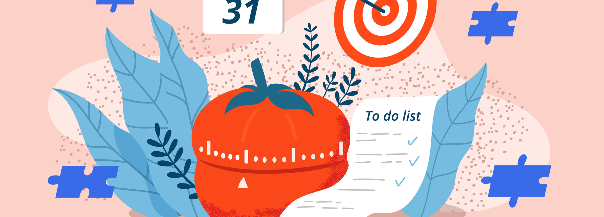 Cartoon style image of red tomato timer surrounded by to-do list, calendar