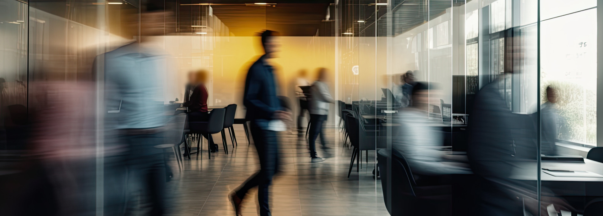 A blurry image of works in an office