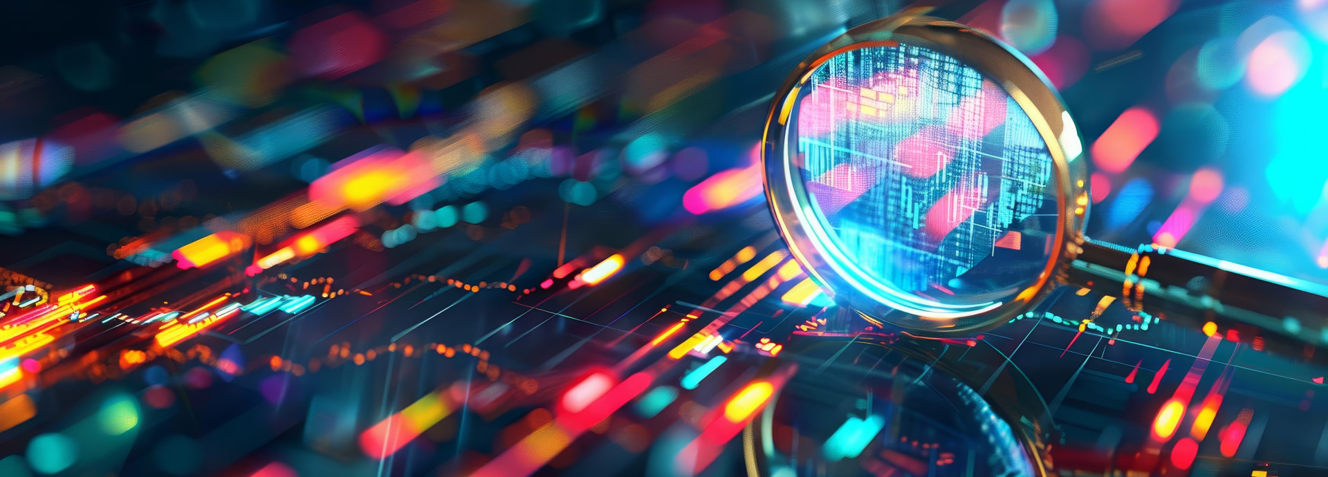 A magnifying glass displaying code