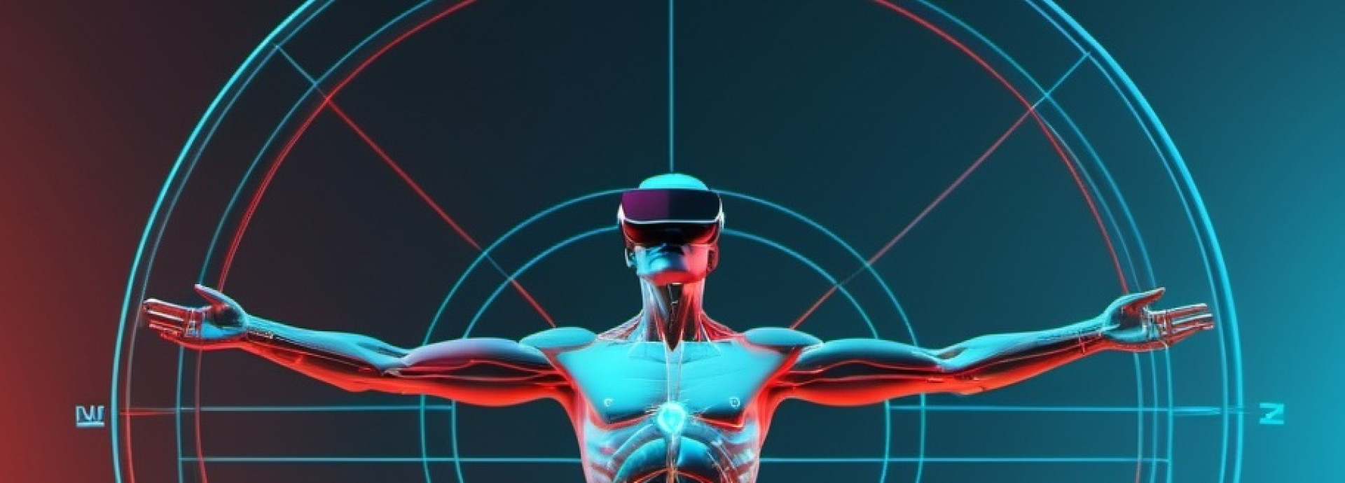 A futuristic remake of the Vitruvian man, with VR glasses