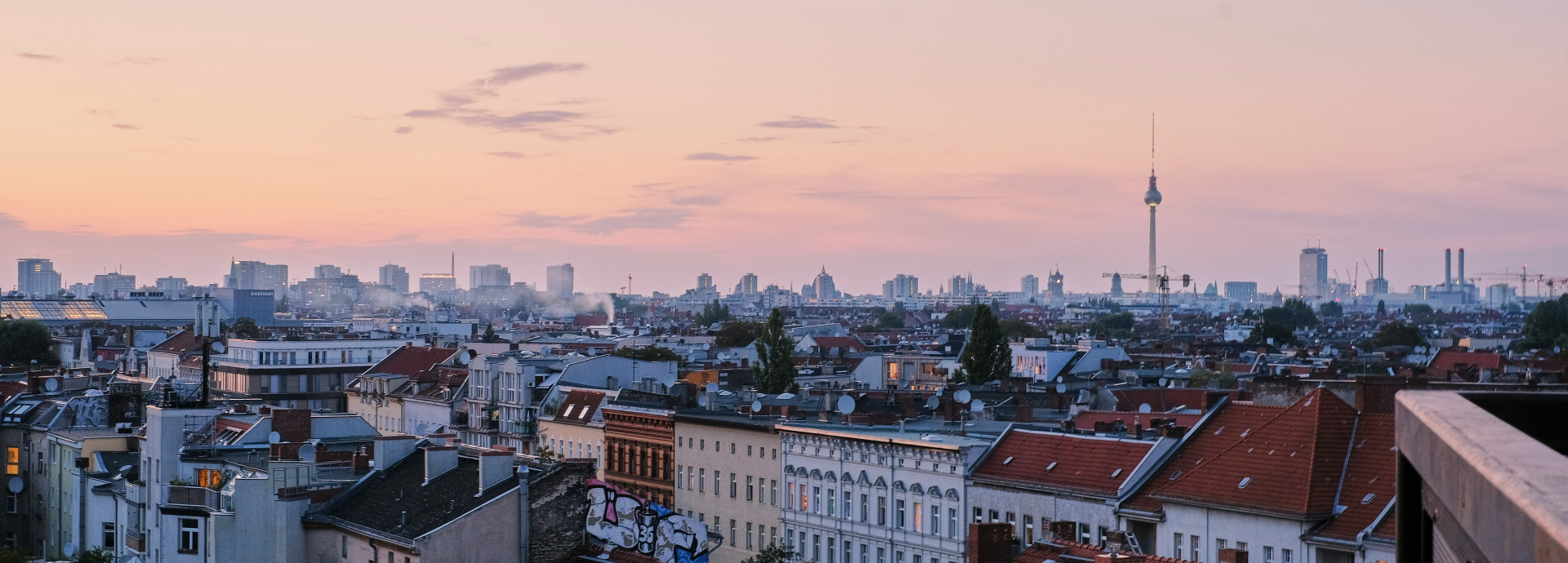 The Berlin skyline at sunset. 