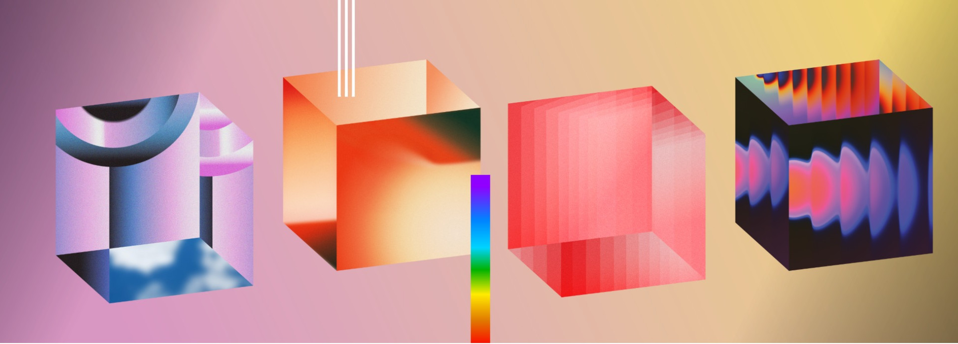 Four heterogeneous cubes hover next to one another. 