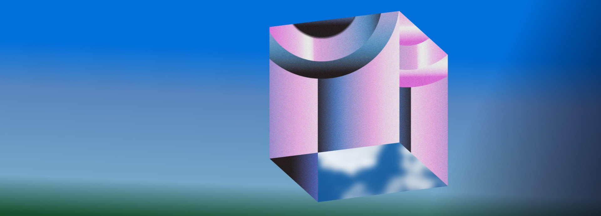 A cube with clouds hovers slightly to the right. 