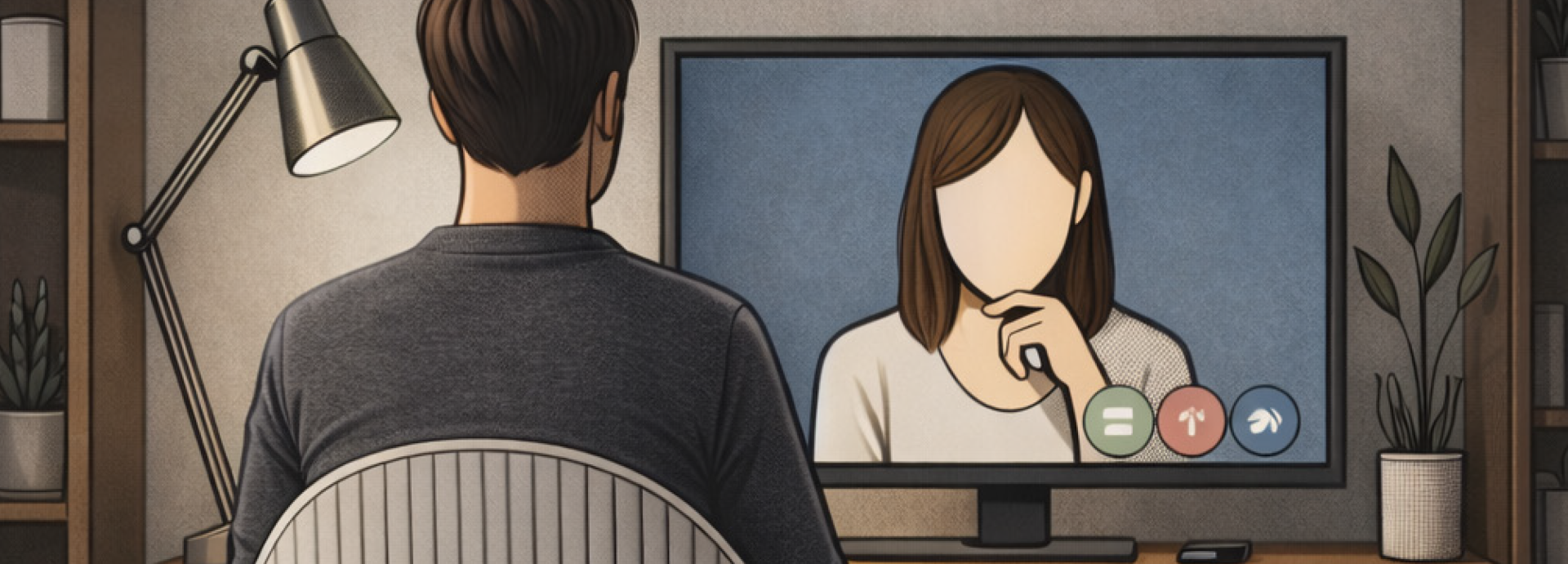 uf dem Bild ist eine Person von hinten zu sehen, die am Schreibtisch sitzt und vor sich einen Computerbildschirm hat. Auf dem Bildschirm ist ein Avatar einer Person mit langen braunen Haaren zu sehen.