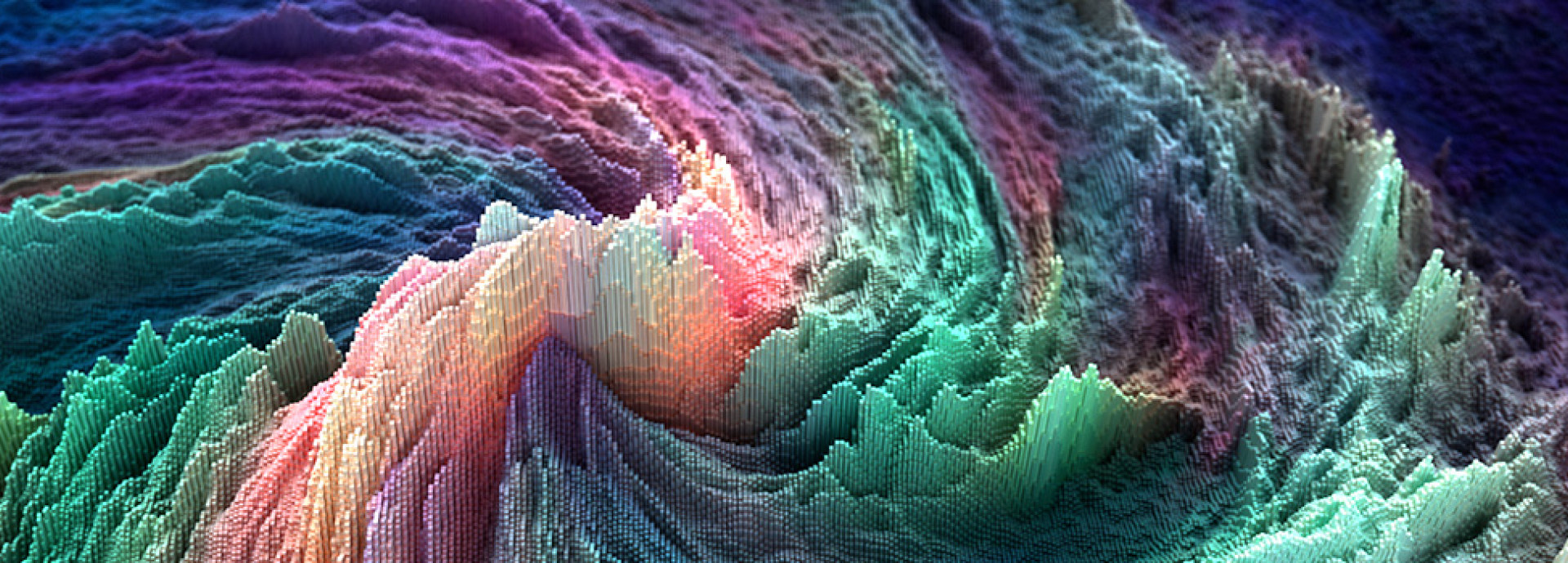 synthetic image showing pixels curled as mountains with gradient colours in green, blue, magenta