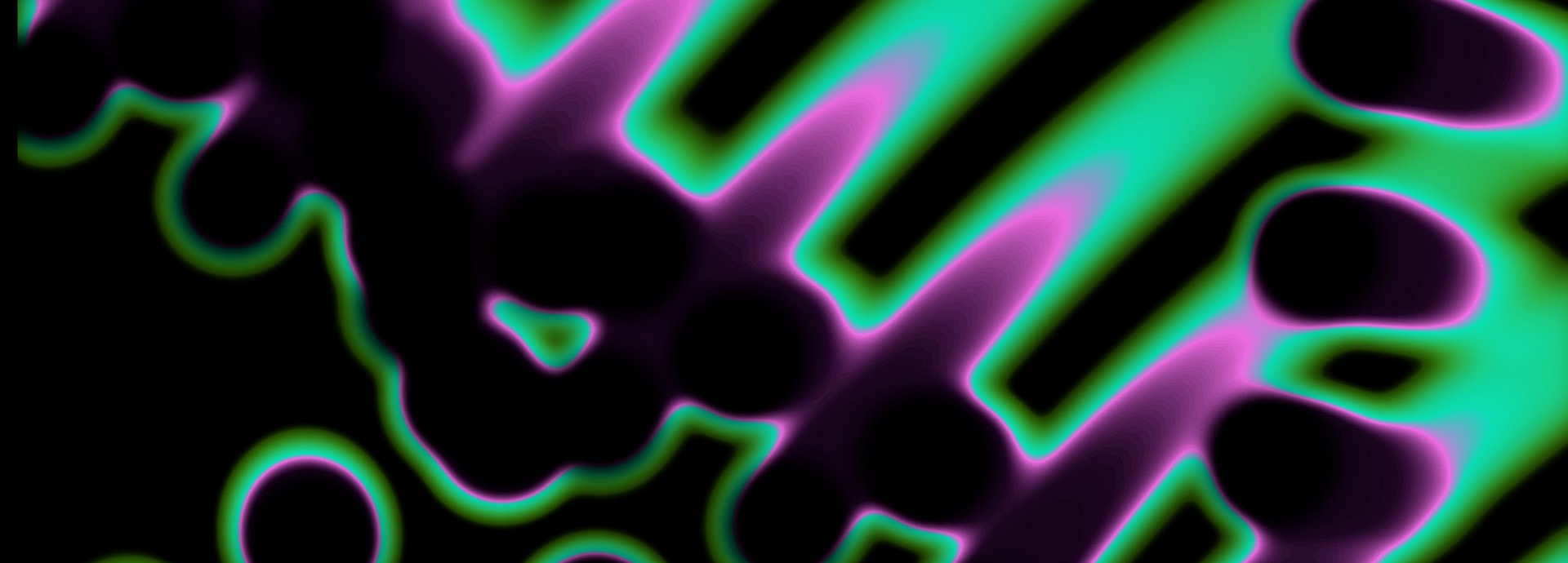 Abstract digital artwork with neon green and purple glowing shapes, featuring circles and wave-like patterns against a black background
