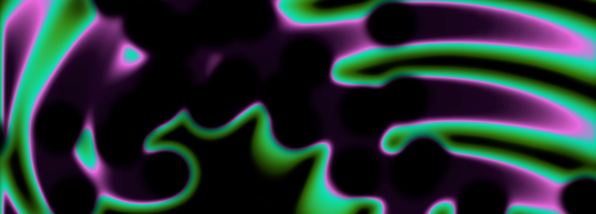 Abstract digital artwork with glowing neon green and purple flowing shapes on a black background