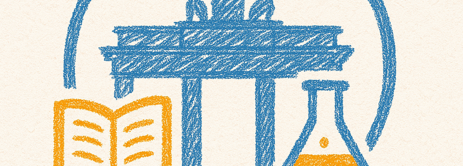 Cartoon graphic displaying the Brandenburger gate in the background, and a lab notebook and a lab flask in the foreground.  