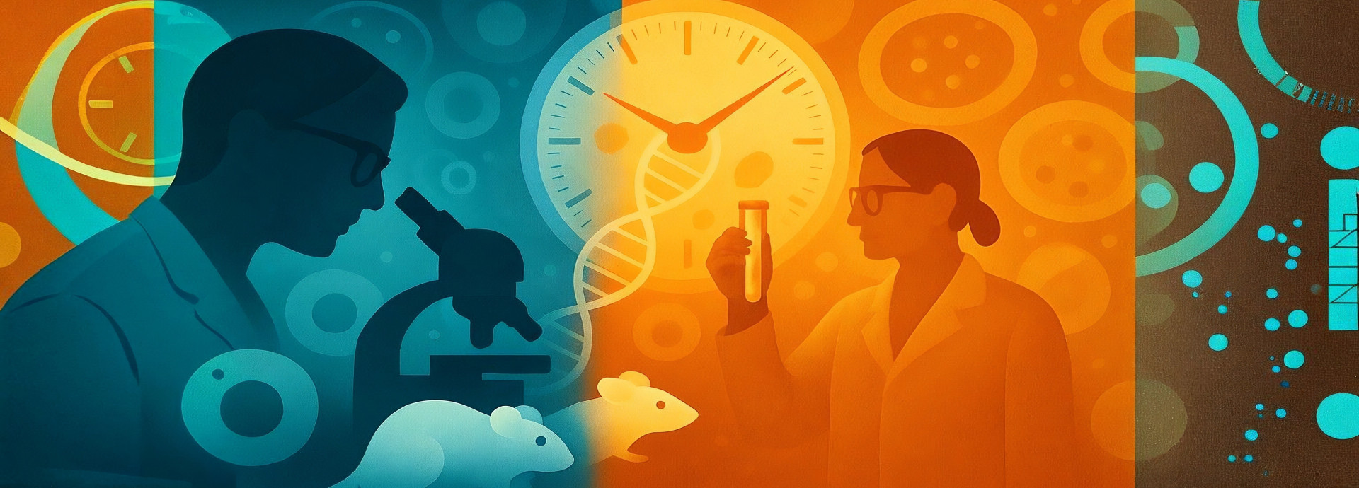 Illustration mit zwei Forschenden, Laborausrüstung und Versuchsmäusen vor einem abstrakten Hintergrund in orange und blau.