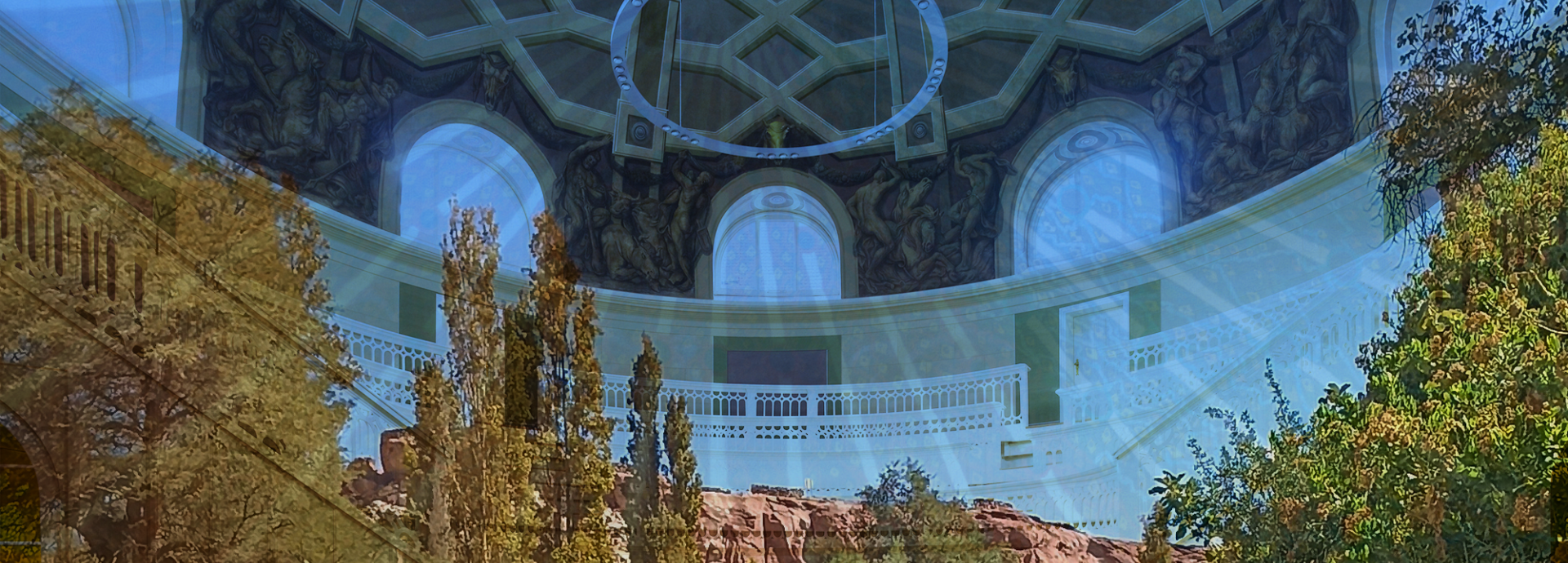 Digital composition merging an oasis landscape with lush trees and red cliffs with the domed interior of the Tieranatomisches Theater in Berlin. The decorated dome with frescoes and white balconies is superimposed over the oasis scene, bathed in a blue glow with radiant light beams.