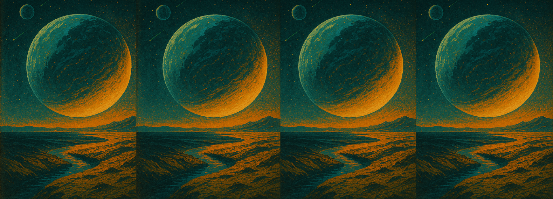 Digital illustration of a surreal planetary landscape. A massive, glowing planet dominates the sky above a barren, winding terrain, with a smaller moon and shooting stars in the distance. The scene repeats four times in a horizontal row