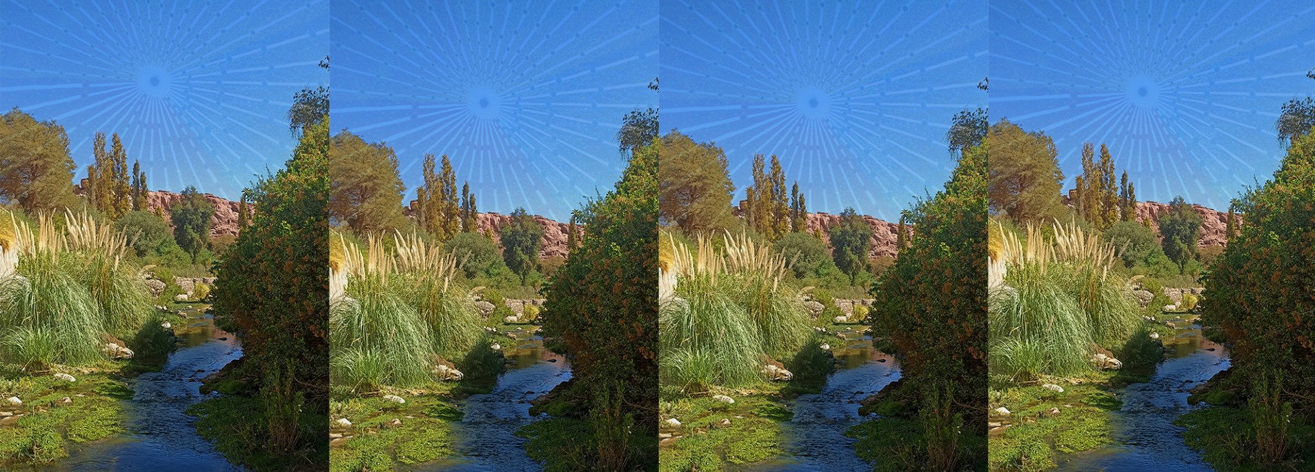 Digital collage with four repeated panels of a lush riverside landscape. The scene shows green vegetation, trees, and reeds along a stream, with rocky hills in the background under a clear blue sky featuring a radiating sunburst pattern.