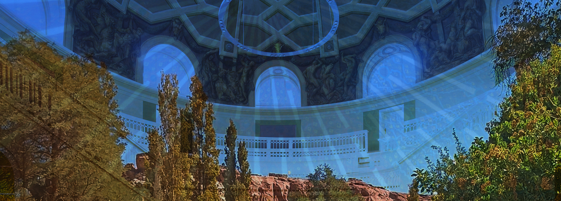 Digital composition merging an oasis landscape with lush trees and red cliffs with the domed interior of the Tieranatomisches Theater in Berlin. The decorated dome with frescoes and white balconies is superimposed over the oasis scene, bathed in a blue glow with radiant light beams.