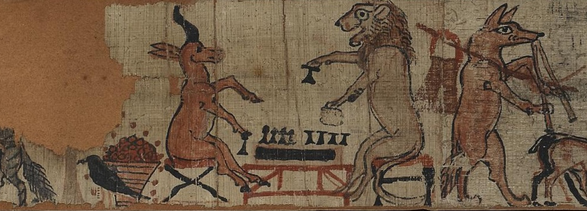 Animals playing games. Papyrus from Ancient Egypt.