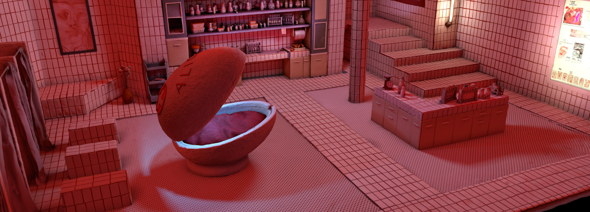 The image shows a handcrafte lab in white tiles and red lighting. There are changing cabins, shelves with medicine, and an egg-like bed. 