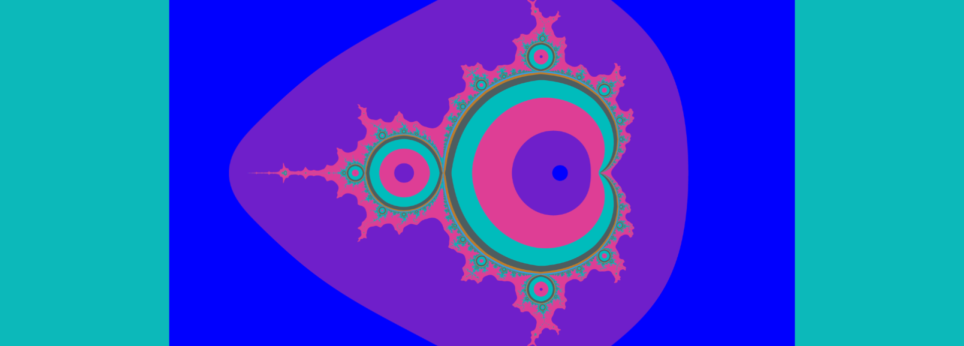 Abstract fractal design with bold colors including blue, purple, teal, and pink, forming circular and spiky patterns.