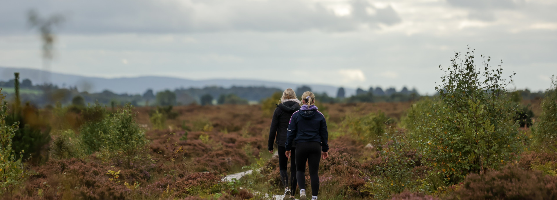 two people walking away from the camera in a peatland
