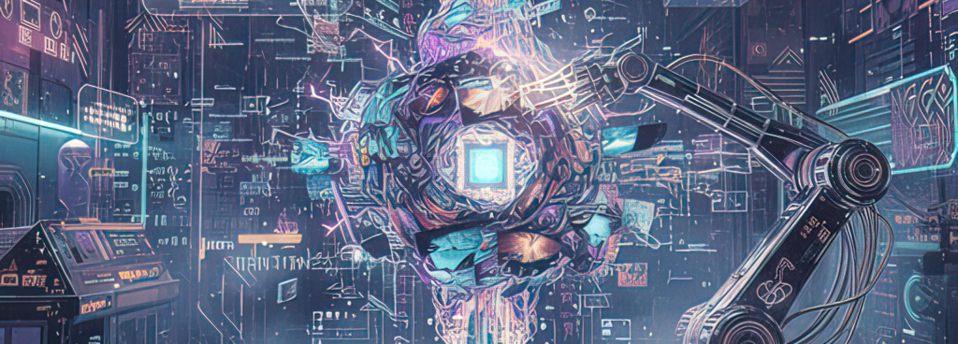 A glowing, crystalline object levitates in the center of a futuristic, industrial laboratory, being fabricated by a robotic arm