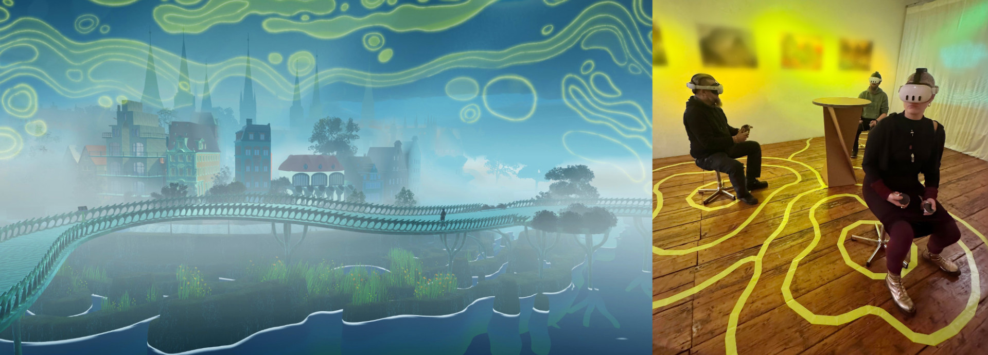 Image showing the Sponge City VR experience, where visitors wearing headsets explore a futuristic, biomorphic, water-sensitive urban landscape.