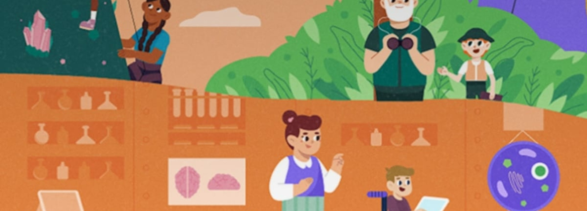 An illustration of kid and adult playing in mountain and classroom 