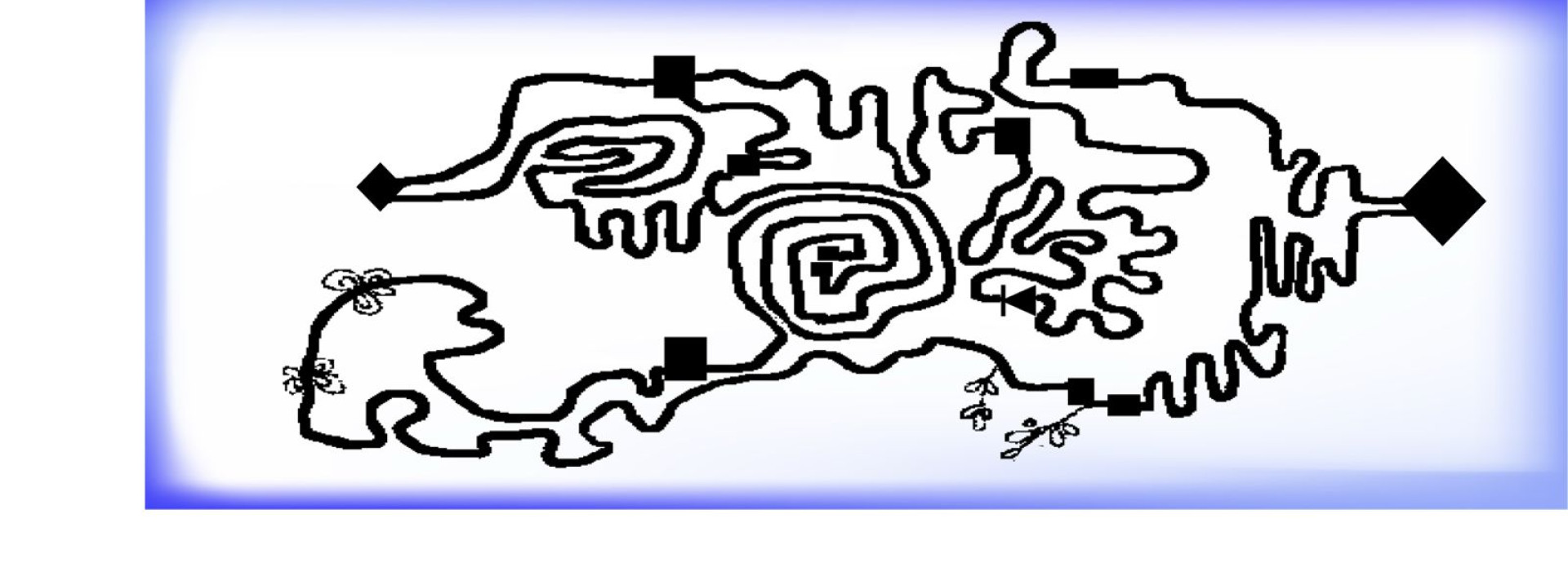 Hand-drawn maze with organic shapes, starting and ending with black arrows. The path includes square obstacles and small flower sketches near the edges, set against a blue gradient border.