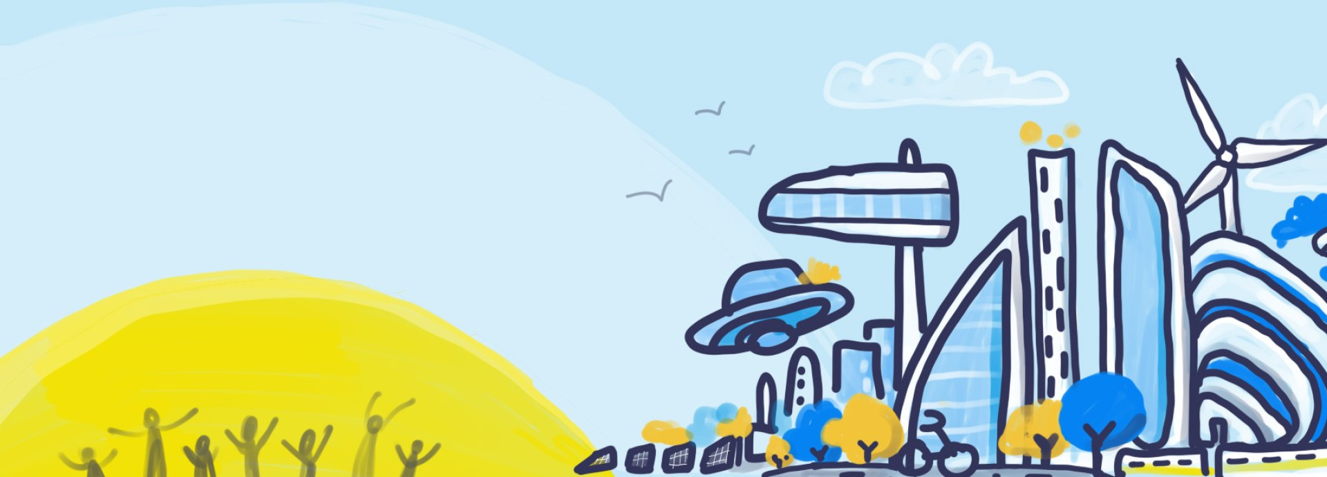 Illustration of a futuristic city with a large sun