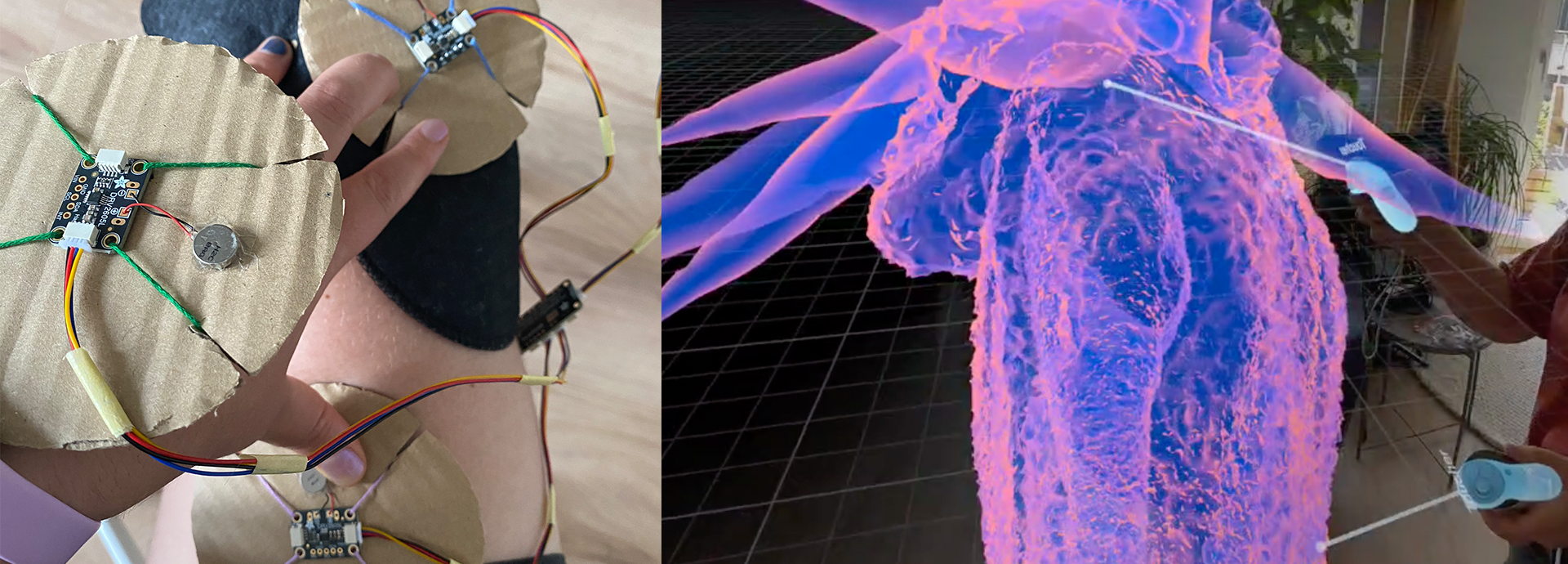 This collage unfolds how the project experiments with Virtual Reality. On the left, a photo shows a custom controller that Iz is building with two of their hands holding vibration motors attached to cardboard pieces in place. On the right, a screenshot shows the costume of a tiger from the opera The Magic Flute in Virtual Reality. Half of the screenshot shows the virtual space, the other half blends into Iz living room and shows their arms holding Quest controllers.