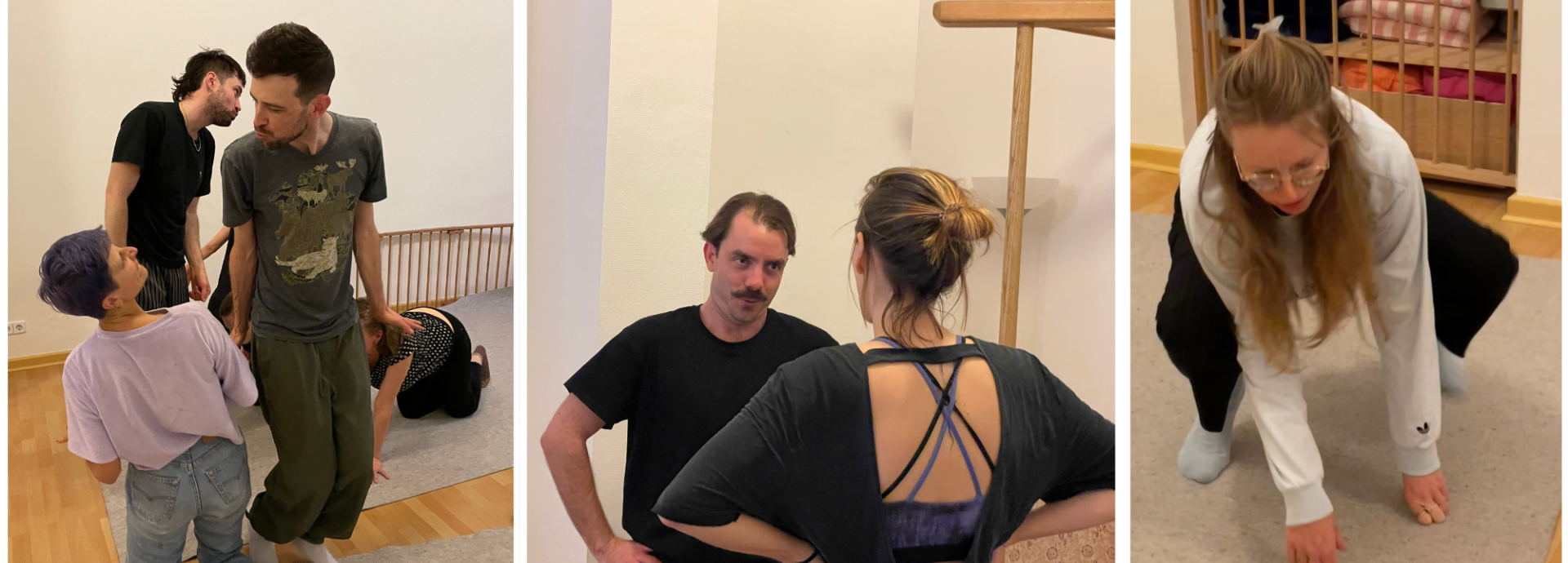 In three different scenes adults interact, making silly faces 