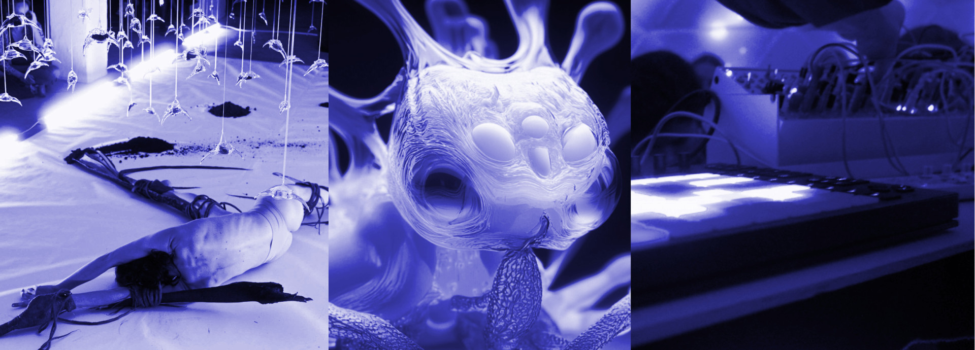 3 images / Left: artist Pevere is laying on the floor during her performance; middle: an AI created imaginary animal; right: a human arm working on a mixting table during a public sound presentation