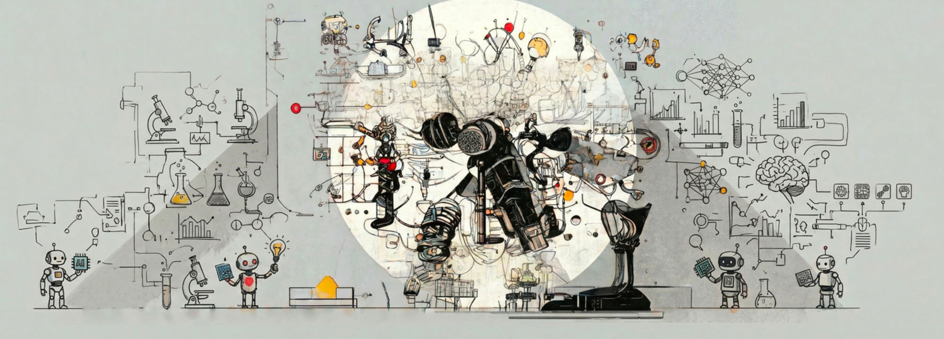 AI generated graphic with grey background showing sketches of robots and a lot of scientific gadgets, in the middle a spotlight on kind of a huge black microphone