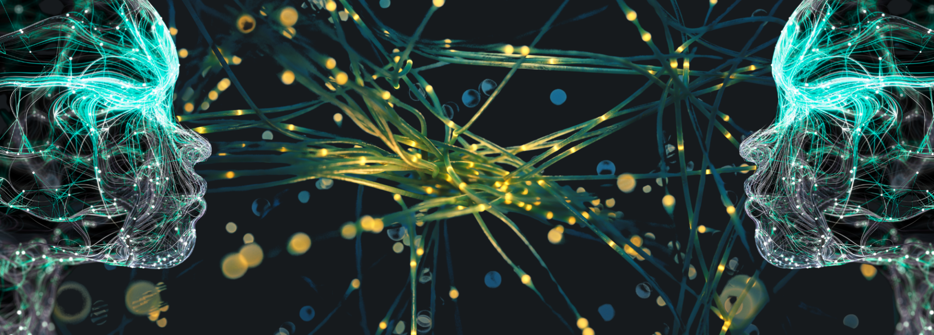 Two digital human profiles face each other across glowing networks, suggesting science, dialogue and connection across borders.