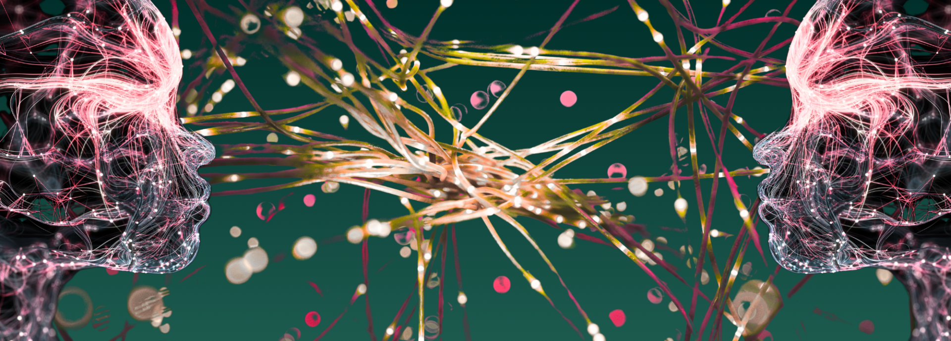 Two digital human profiles face each other across glowing networks, suggesting science, dialogue and connection across borders.