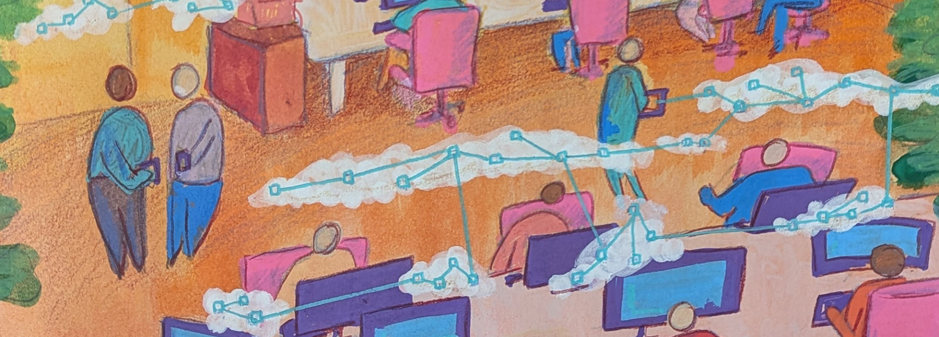 Colourful drawing of office workers at desks with abstract connections between them.